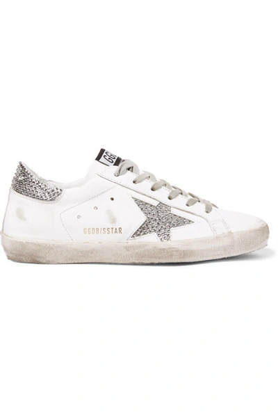 Shop Golden Goose Superstar Swarovski Crystal-embellished Distressed Leather Sneakers In White