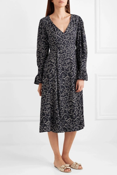 Shop Alexa Chung Printed Crepe Midi Dress In Navy