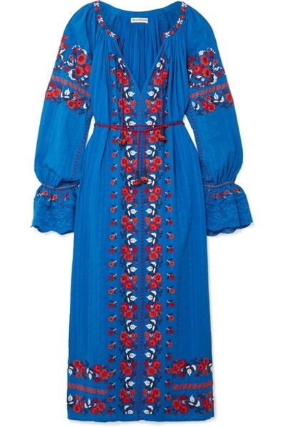 Shop Ulla Johnson Filia Embroidered Cotton-gauze Midi Dress In Bright Blue