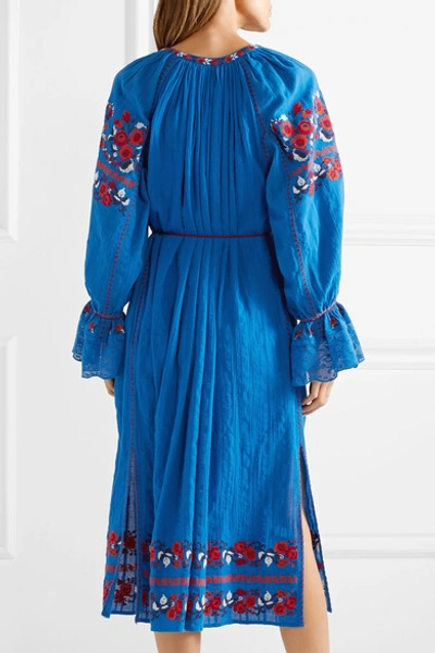 Shop Ulla Johnson Filia Embroidered Cotton-gauze Midi Dress In Bright Blue