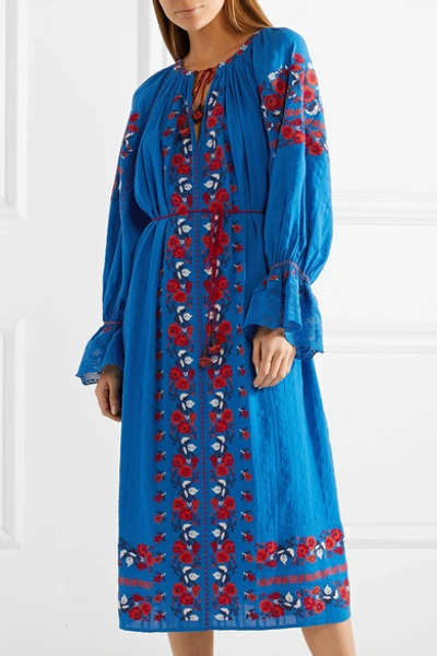 Shop Ulla Johnson Filia Embroidered Cotton-gauze Midi Dress In Bright Blue