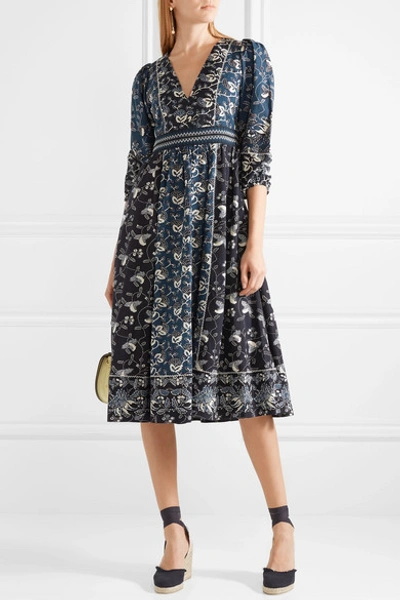 Shop Ulla Johnson Iona Embroidered Printed Cotton-blend Midi Dress In Storm Blue