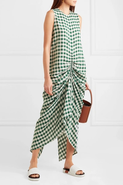 Shop Joseph Zadie Ruched Gingham Poplin Dress In Forest Green