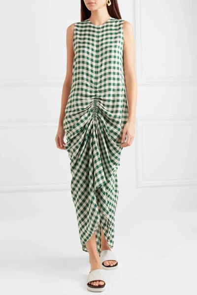 Shop Joseph Zadie Ruched Gingham Poplin Dress In Forest Green