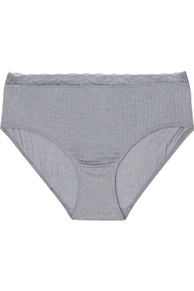 Shop Hanro Heather Leavers Lace-trimmed Stretch-jersey Briefs In Gray