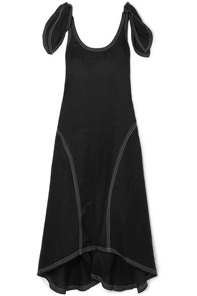Shop Paper London Ricki Embroidered Linen Midi Dress In Black