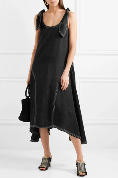Shop Paper London Ricki Embroidered Linen Midi Dress In Black