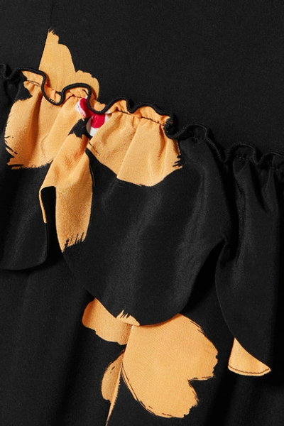 Shop Simone Rocha Ruffled Floral-print Silk-crepe Midi Dress In Black