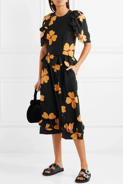 Shop Simone Rocha Ruffled Floral-print Silk-crepe Midi Dress In Black