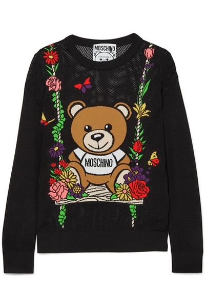 Shop Moschino Teddy Intarsia Open-knit Cotton Sweater In Black