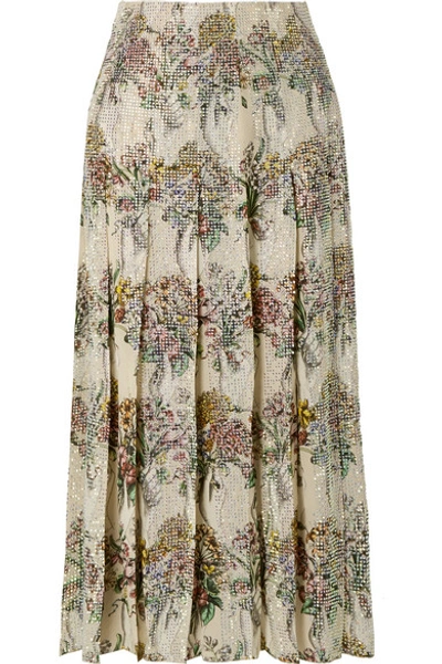 Shop Gucci Crystal-embellished Pleated Printed Silk-twill Skirt In Cream