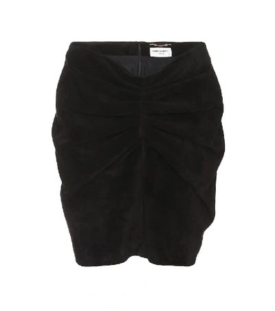 Shop Saint Laurent Gathered Suede Miniskirt In Black