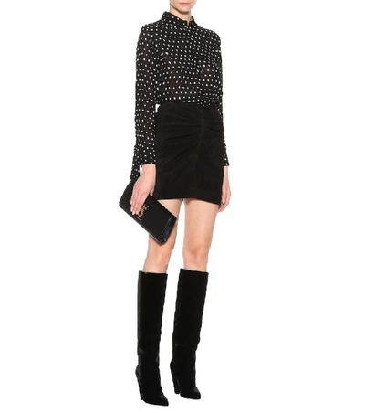 Shop Saint Laurent Gathered Suede Miniskirt In Black