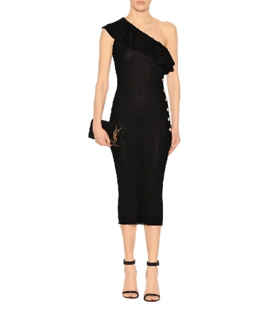 Shop Balmain Ribbed One-shoulder Midi Dress In Black
