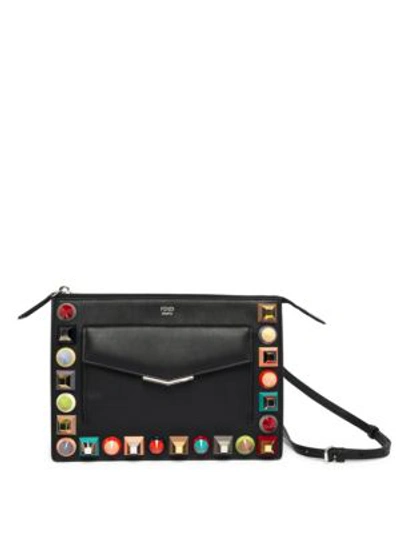 Shop Fendi Multicolor Studded Leather Pouch In Black