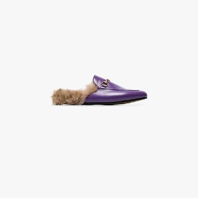 Shop Gucci Purple Princetown Fur Lined Leather Mules In Pink/purple