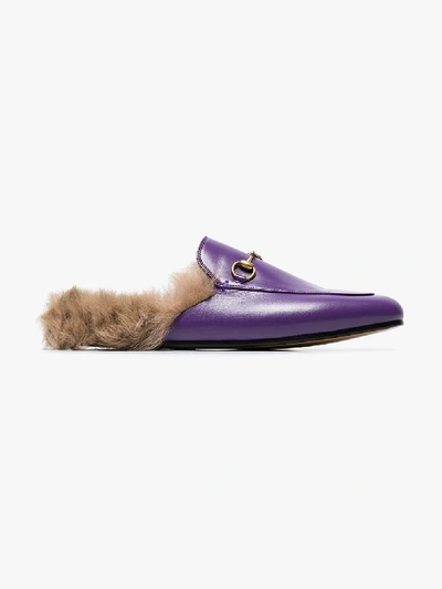 Shop Gucci Purple Princetown Fur Lined Leather Mules In Pink/purple