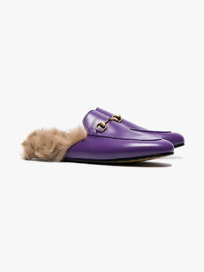 Shop Gucci Purple Princetown Fur Lined Leather Mules In Pink/purple