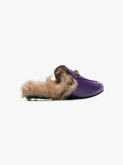 Shop Gucci Purple Princetown Fur Lined Leather Mules In Pink/purple