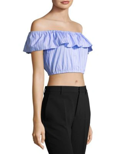 Shop Miu Miu Off-shoulder Crop Ruffle Top In Blue Stripe