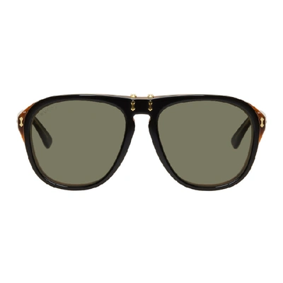 Shop Gucci Black And Tortoiseshell Flip-up Pilot Sunglasses In 003 Black/h