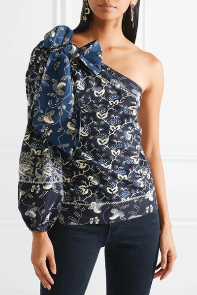 Shop Ulla Johnson Asima One-shoulder Embroidered Printed Cotton-blend Top In Storm Blue