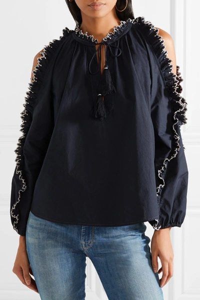 Shop Ulla Johnson Amandine Cold-shoulder Embroidered Cotton-poplin Blouse In Midnight Blue