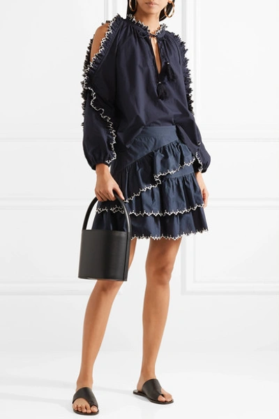 Shop Ulla Johnson Ella Embroidered Ruffled Cotton-poplin Mini Skirt In Midnight Blue