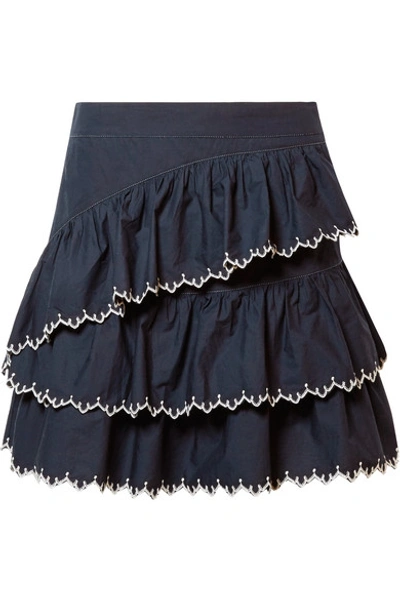 Shop Ulla Johnson Ella Embroidered Ruffled Cotton-poplin Mini Skirt In Midnight Blue