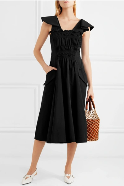 Shop Carven Smocked Cotton-poplin Midi Dress