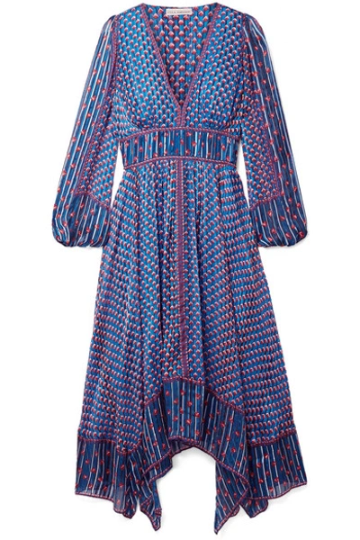Shop Ulla Johnson Amabelle Asymmetric Printed Silk-jacquard Dress In Blue