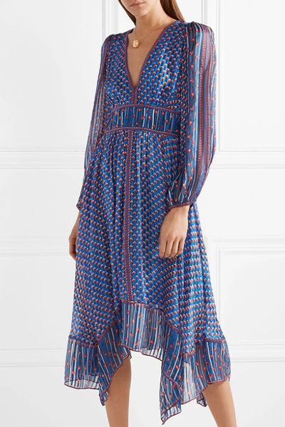 Shop Ulla Johnson Amabelle Asymmetric Printed Silk-jacquard Dress In Blue