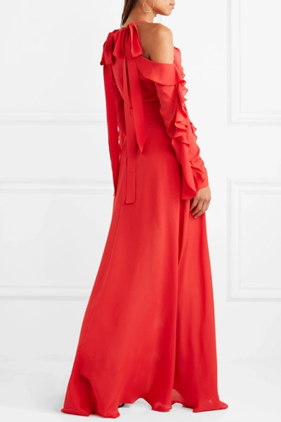 Shop Elie Saab Cold-shoulder Ruffled Silk-georgette Gown In Red