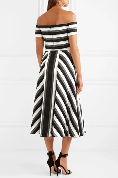 Shop Lela Rose Off-the-shoulder Striped Cotton And Silk-blend Midi Dress In Black