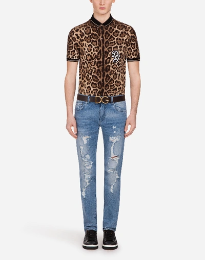 Shop Dolce & Gabbana Polo In Printed Cotton Piqué With Patch In Leopard