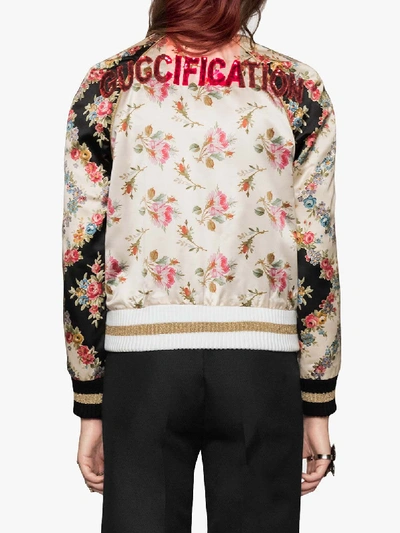 Shop Gucci Fication Rose Print Silk Bomber Jacket