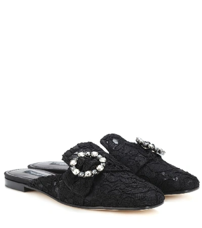 Shop Dolce & Gabbana Jackie Embellished Lace Slippers In Black