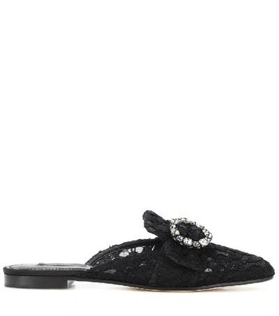 Shop Dolce & Gabbana Jackie Embellished Lace Slippers In Black