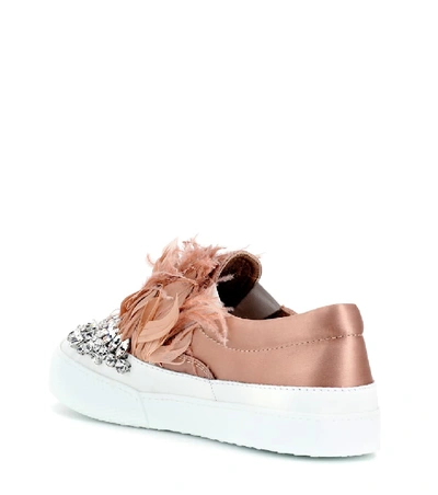 Shop Miu Miu Crystal Embellished Satin Slip-on Sneakers In Pink