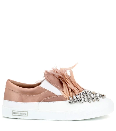 Shop Miu Miu Crystal Embellished Satin Slip-on Sneakers In Pink