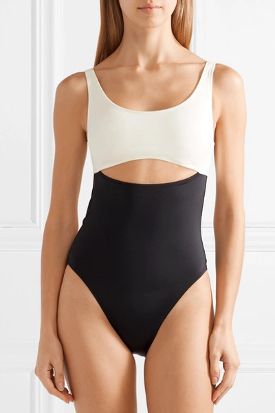 Shop Solid & Striped The Natasha Cutout Two-tone Swimsuit In Black