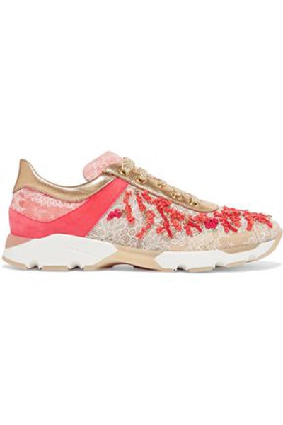 Shop René Caovilla Rene' Caovilla Woman Embellished Leather And Lace Sneakers Gold