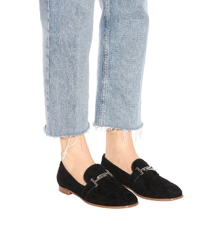 Shop Tod's Double T Suede Loafers In Black