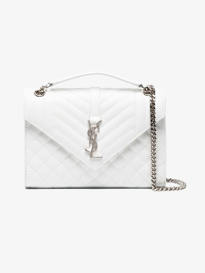 Shop Saint Laurent White Monogram Leather Shoulder Bag