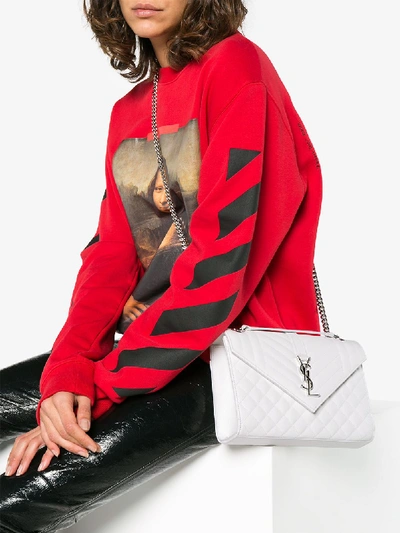 Shop Saint Laurent White Monogram Leather Shoulder Bag