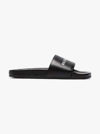 Shop Balenciaga Logo Leather Slides In Black