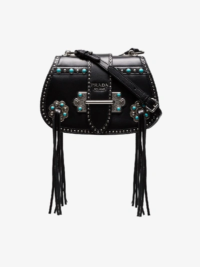 Shop Prada Black Folk Saddle Leather Cross Body Bag