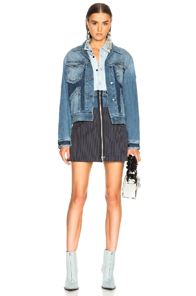 Shop Maison Margiela Denim & Knit Zip Front Mini Skirt In Blue,stripes