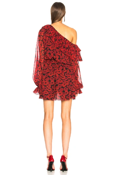 Shop Saint Laurent Georgette Poppy Print One Shoulder Dress In Black & Red
