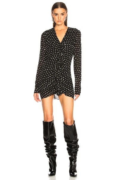 Shop Saint Laurent Polka Dot Ruffle Front Dress In Black,polka Dots